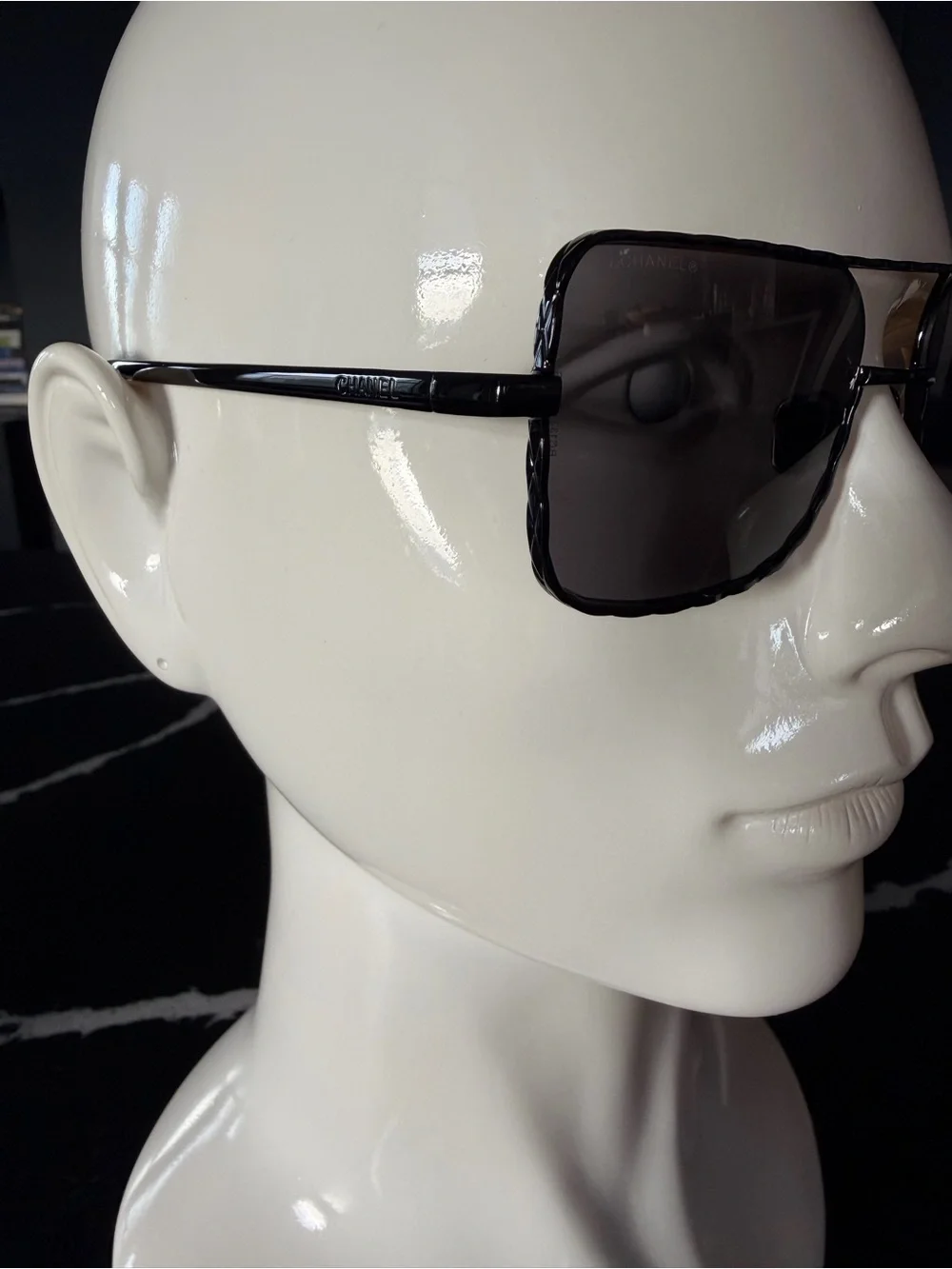 CHANEL Black and Silver Square Aviator Sunglasses